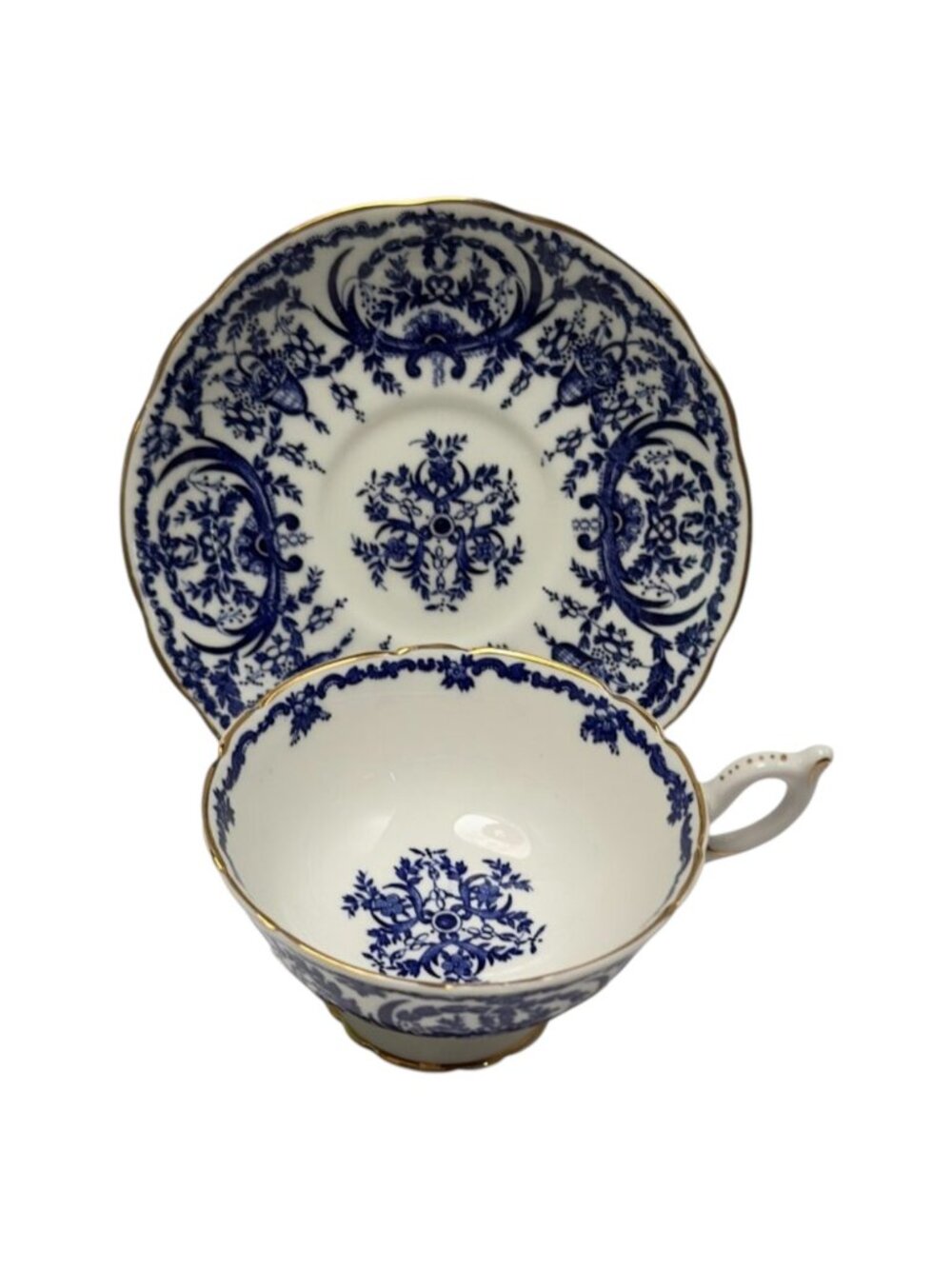 Coalport Teacup Saucer White Blue Scroll Bone China Made in England